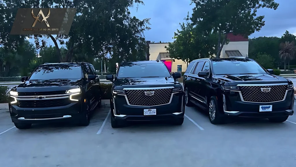 Luxury black SUV airport car service West Palm Beach professional chauffeur ready for PBI airport transfer. AE Limo Service premium transportation.